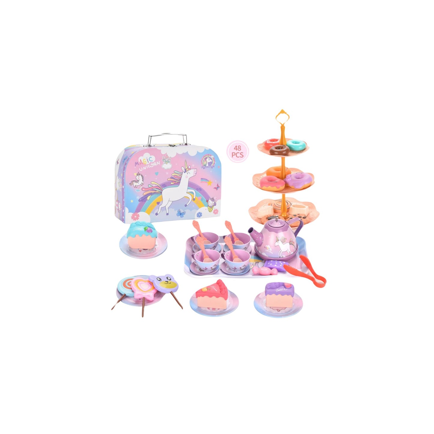 Little Fat Hugs Unicorn Tin Tea Set Toys Suitable for (2 years Up) I Develop creativity and social skills, Perfect pretend tea party, Stored in a unicorn case, Non-toxic, and Made of durable tin-coated iron