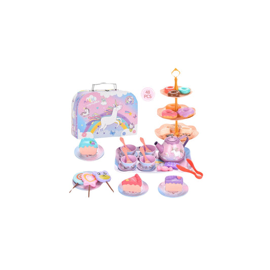 Little Fat Hugs Unicorn Tin Tea Set Toys Suitable for (2 years Up) I Develop creativity and social skills, Perfect pretend tea party, Stored in a unicorn case, Non-toxic, and Made of durable tin-coated iron