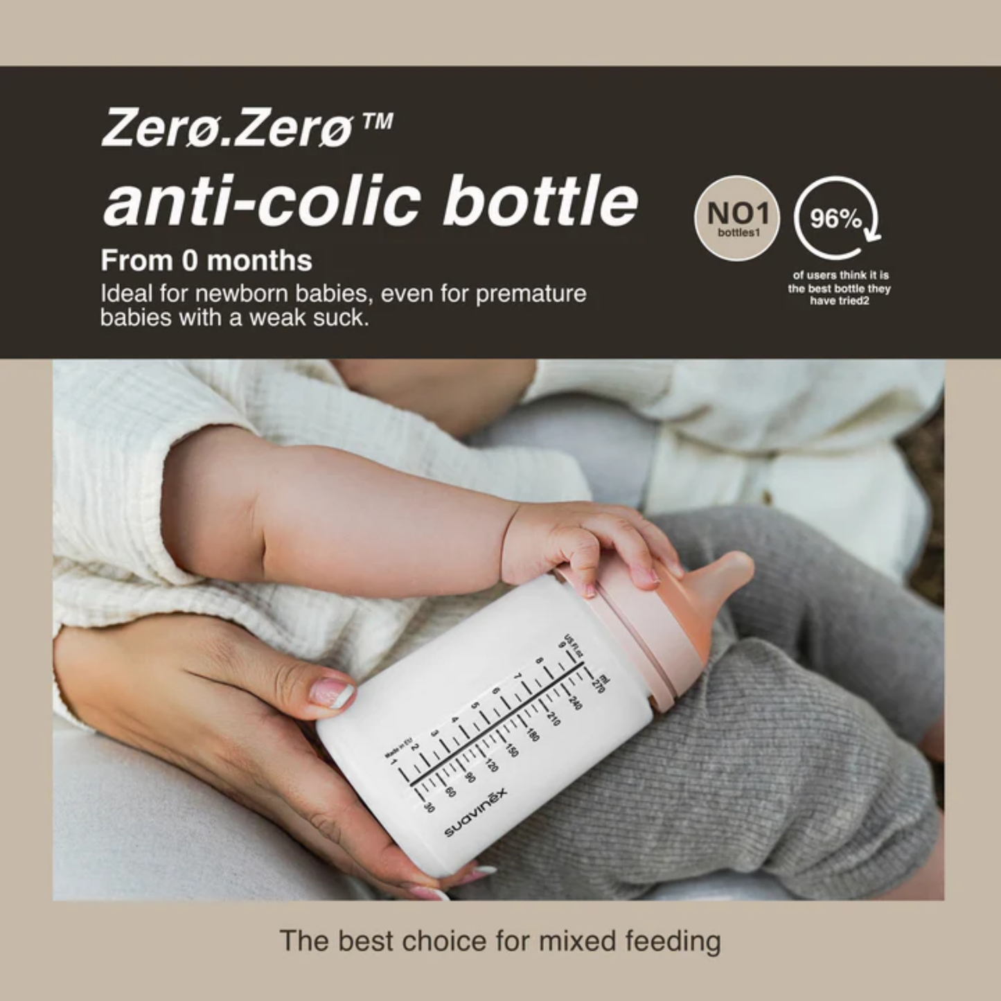 Beaba Suavinex ZERO ZERO BPA-Free Anti-Colic Silicone Baby Bottle – 180ml, For Newborns (0+ Months)