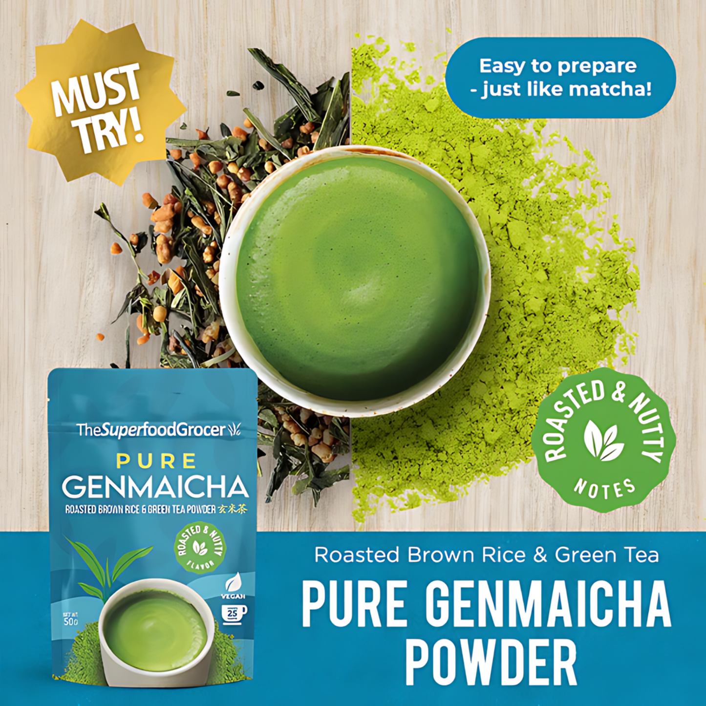 The Superfood Grocer Genmaicha Roasted Popped Rice and Green Tea Powder 50g