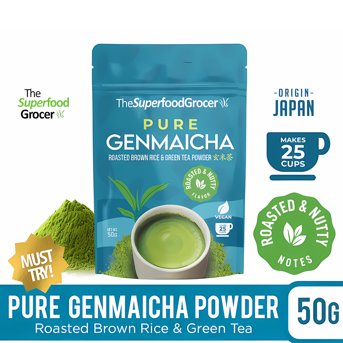 The Superfood Grocer Genmaicha Roasted Popped Rice and Green Tea Powder 50g