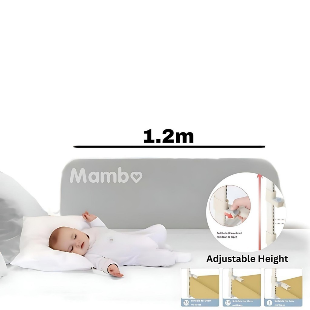 Mambo Baby Foldable Safety Bed Guard Rail Adjustable Height Fence For Kids Playpen