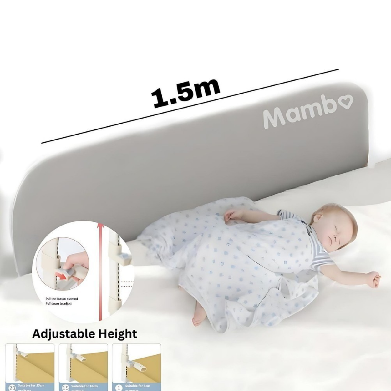 Mambo Baby Foldable Safety Bed Guard Rail Adjustable Height Fence For Kids Playpen