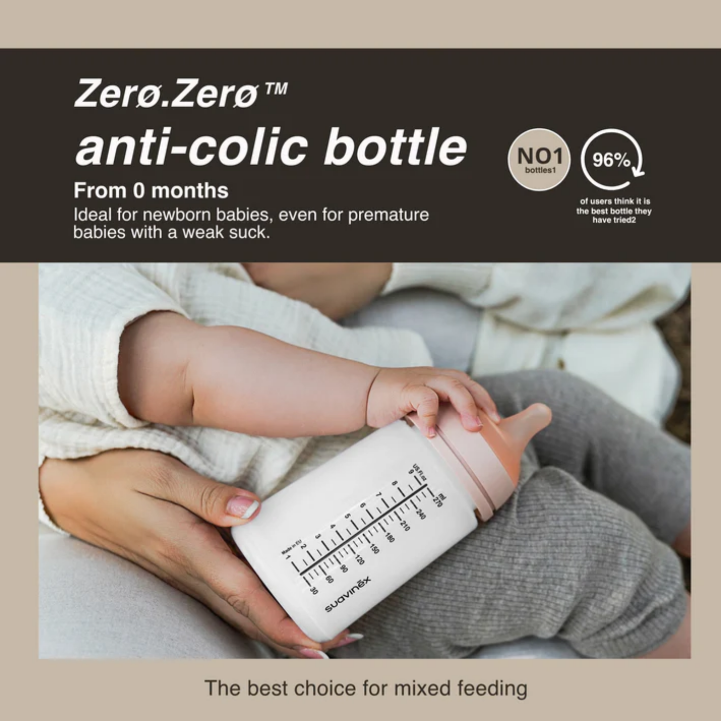 Beaba Suavinex ZERO ZERO BPA-Free Anti-Colic Silicone Baby Bottle – 270ml, For Newborns (0+ Months) (Copy)