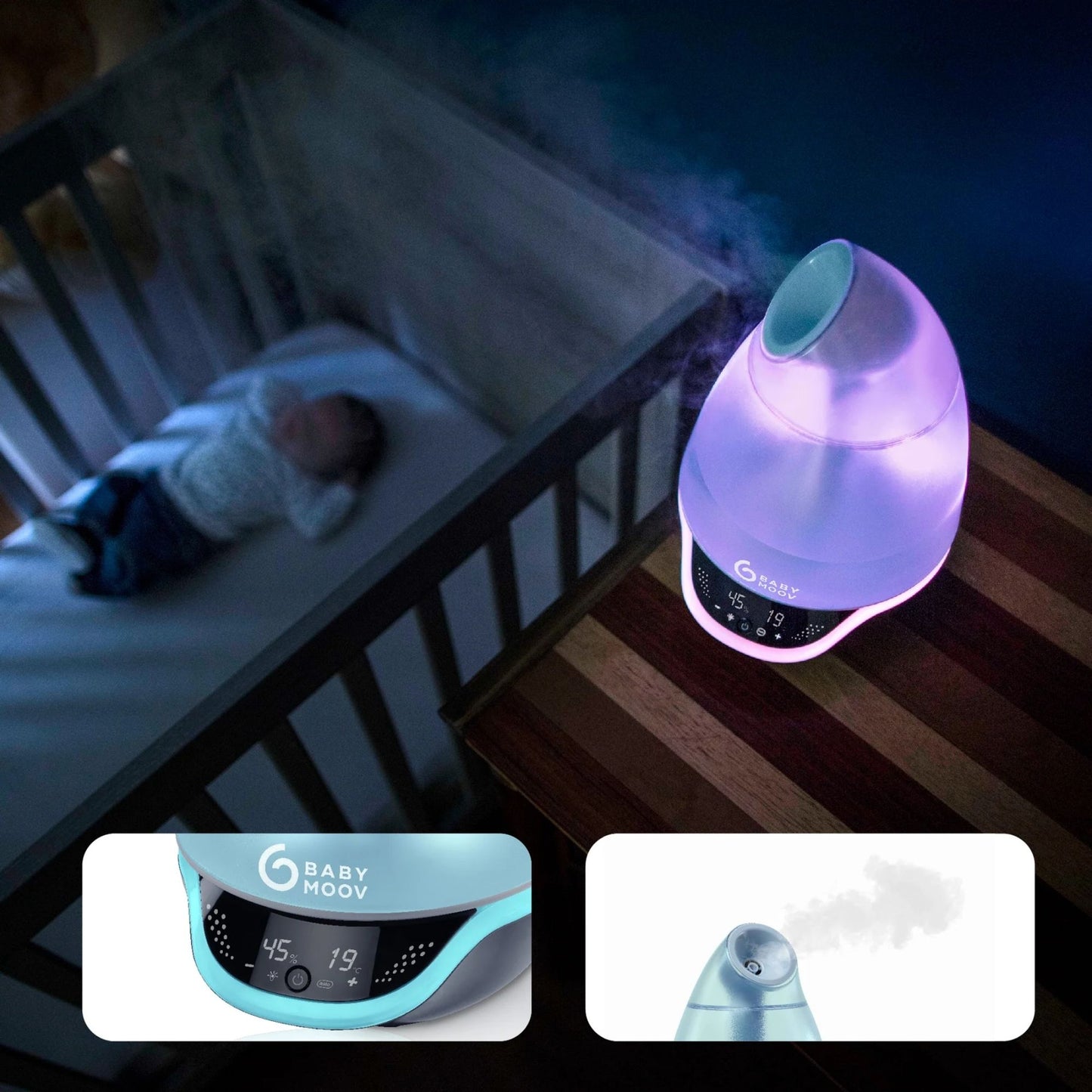 Babymoov Hygro Plus 3-in-1 Cool Mist Humidifier with Multicolored Night Light and Essential Oil Diffuser