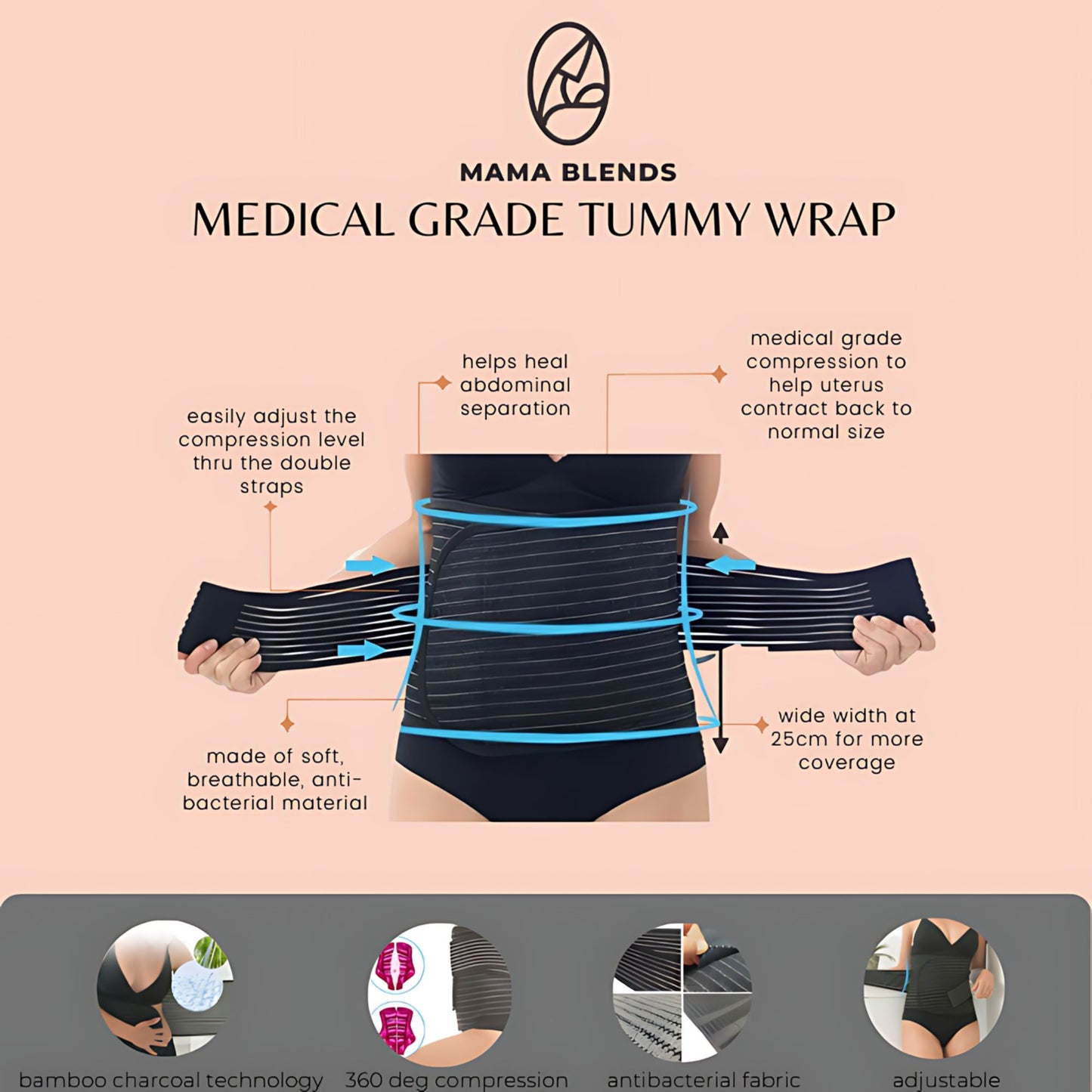 Lunabebe by Mama Blends Medical Grade Tummy Wrap Bamboo Charcoal Support Binder I Suitable for any post-operation recovery, Has medical grade 360deg compression, Can cover the incision area of CS moms