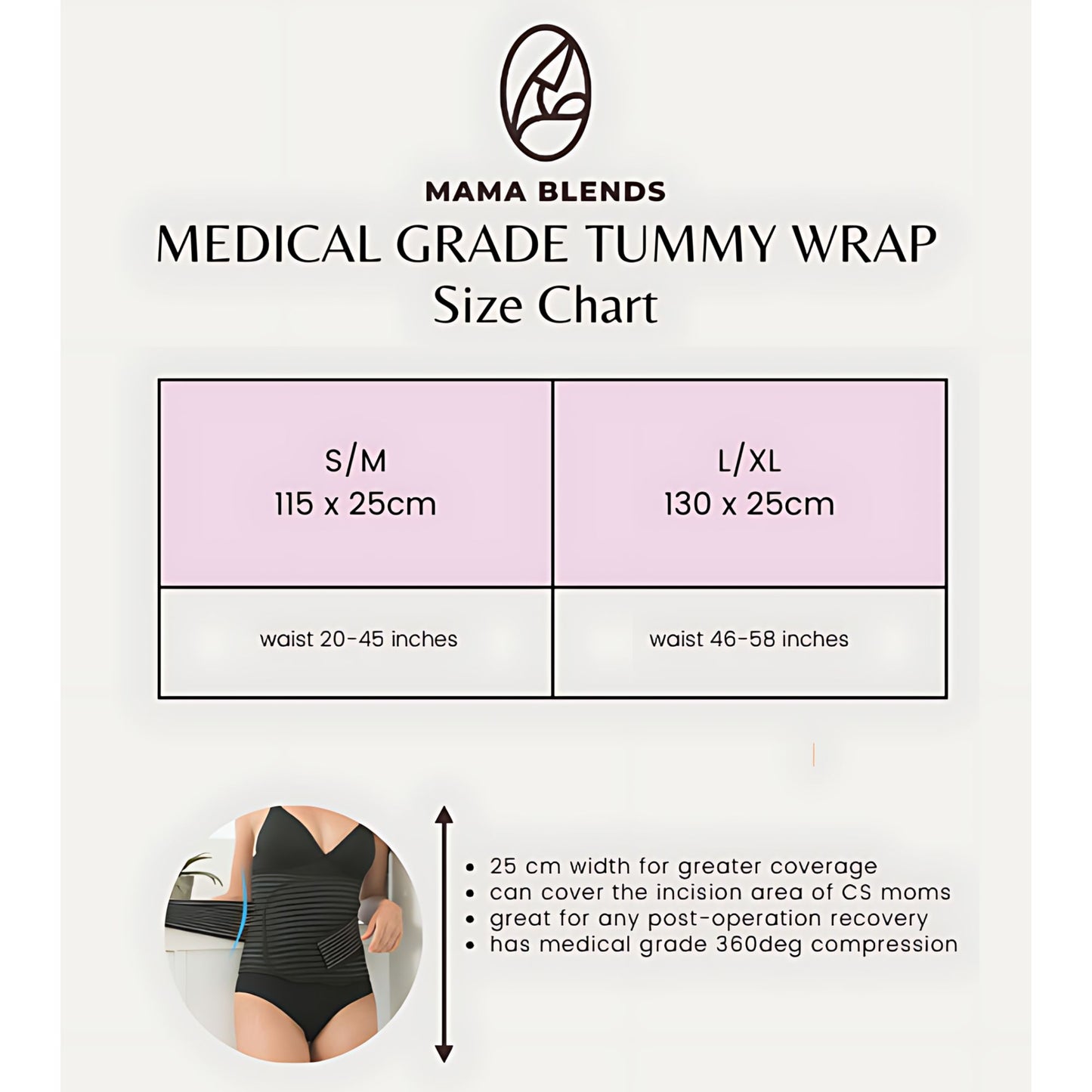 Lunabebe by Mama Blends Medical Grade Tummy Wrap Bamboo Charcoal Support Binder I Suitable for any post-operation recovery, Has medical grade 360deg compression, Can cover the incision area of CS moms