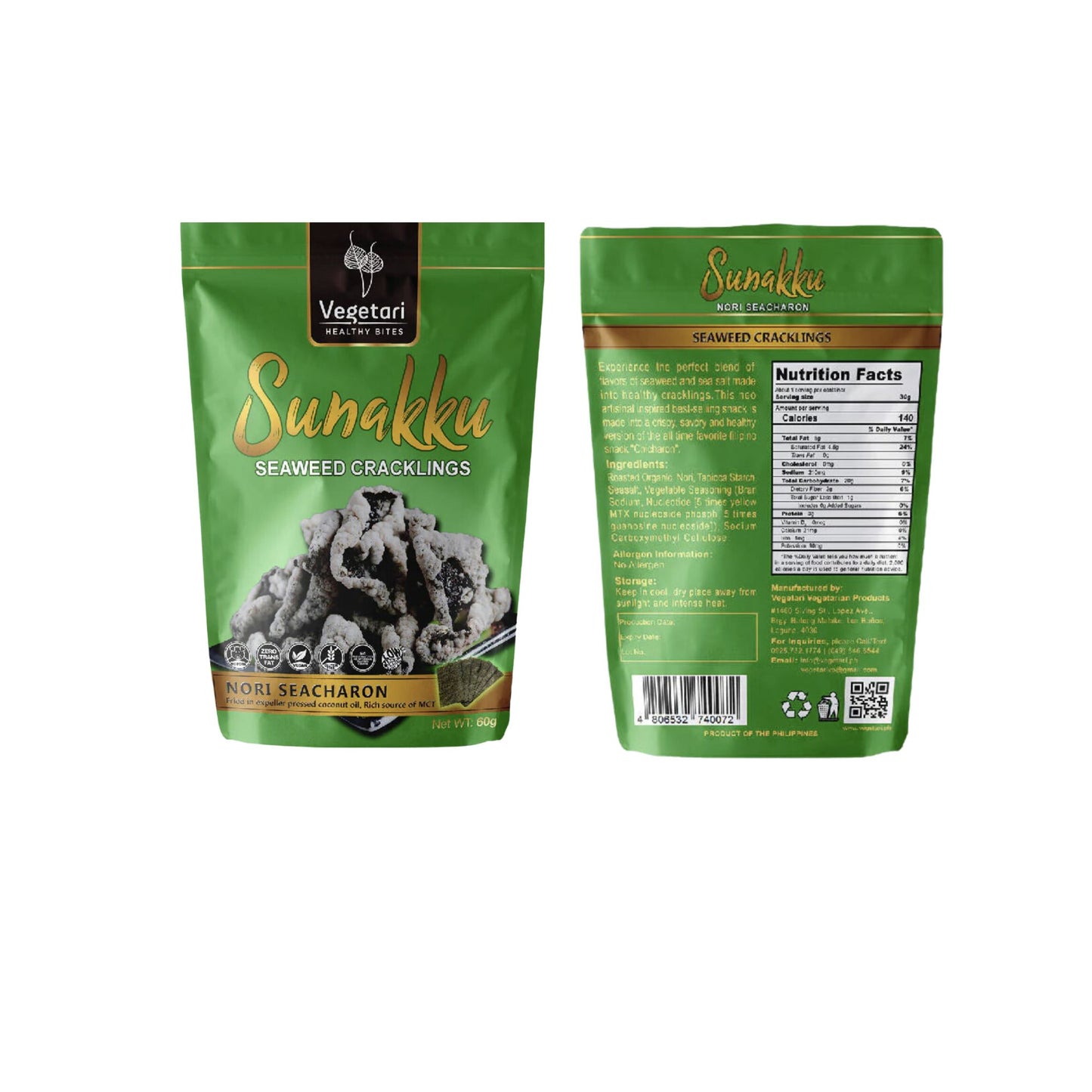 Vegetari Sunakku NORI Healthy Seaweed Cracklings Snack ZERO Trans-fat VEGAN No Pork Gluten-free Chicharon
